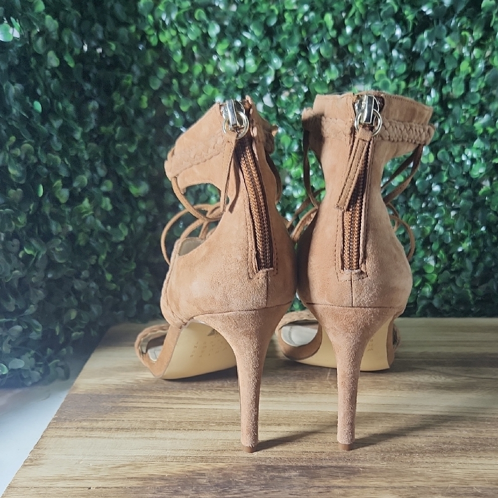 White House Black Market Tan Heels with Stiletto Design & Lace-Up Straps Size 9 - Picture 4 of 14